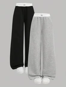 SHEIN Girlism 2 件套青少年女孩纯色黑色、白色、灰色休闲针织运动裤，配有撞色腰带，宽松慢跑裤