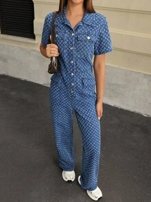 Jeanoix Women's Casual Printed Short Sleeve Loose Denim Jumpsuit