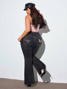 SHEIN ICON Plus Size Women Embroidered High Waist Skinny Flare Jeans With Pockets Y2k Jeans - Blue - View 2