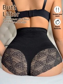 SHEIN 1 pieza Pantalones cortos moldeadores de cintura alta con parches de encaje para mujer, shorts cómodos y moldeadores