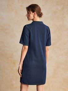 House of One Dark Washed Denim Collared Button-Up Short Sleeves Mini Dress Women Casual Spring Autumn