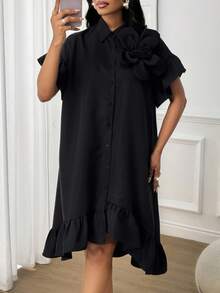 SHEIN Lady Đầm ngắn dáng rộng họa tiết hoa ba chiều màu trơn thanh lịch, thoải mái khi đi làm, dự tiệc cho nữ - màu đen - Xem 6