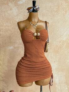 Soleia Women's Holiday Strapless Shell Twist Knot Drawstring Slit Mini Dress, Suitable For Holiday Party, Christmas, Date, Beach, Cruise, Afternoon Tea, Bohemian, Boho, Romantic Floral, Vacation - Brown - View 3