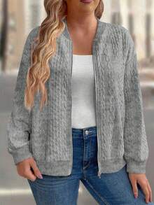 Plus Size Women 3D Textured Comfortable Zipper Jacket - Light Grey - View 4