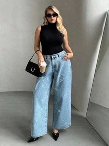 SHEIN Privé 加大码水洗钻石装饰宽松牛仔裤母亲节夏季飘逸长裤 Y2k 街头潮流俱乐部毕业典礼机场老钱风格 - 淺色水洗藍 - 查看 6