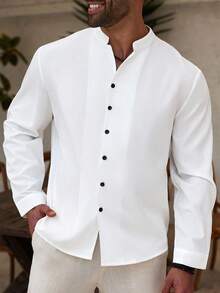 Manfinity Homme Plus Size Men's Solid Color Long Sleeve Single-Breasted Casual/Business Shirt, Men's White Shirt, Fall - White - View 1