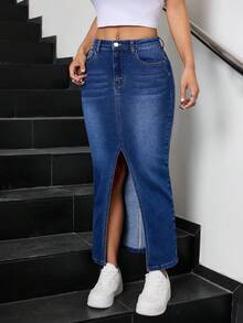 SHEIN 少女口袋开衩下摆休闲弹力牛仔裙，秋季、冬季、复古、休闲时尚度假装 - 深色水洗藍 - 查看 3