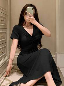 DAZY Minimalist Knit Bodycon Twist Design Women Loungewear Dress Pajama - Black - View 5