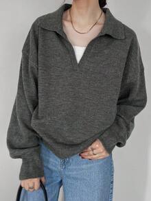 FRIFUL Women's Solid Dark Gray Turndown Collar Dropped Shoulder Long Sleeve Loose Casual Pullover Sweater, Autumn/Winter - Grey - View 11