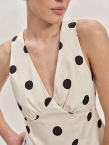 SHEIN LUNE Áo hai dây cổ chữ V chấm bi in họa tiết thường ngày cho nữ mùa hè - Màu be - Xem 3