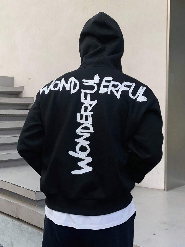 Men's Zip Up Hoodie Sweatshirt With Graffiti Big Letter Print, Streetwear Style, Thermal Lining, Autumn/Winter