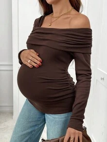 SHEIN Autumn And Winter Maternity Solid Color Ruched Off Shoulder Long Sleeve Fitted T-Shirt With Thermal Lined, Autumn Maternity Top Coffee Brown Top Brown Top Women Brown Long Sleeve Top Dark Brown Top