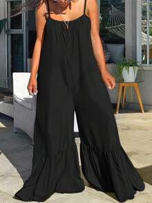 INAWLY 女士纯色口袋阔腿连体裤，时尚休闲度假装 - 黑色 - 查看 3