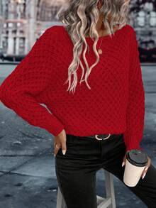 EMERY ROSE Women's Solid Color Minimalist Long Sleeve Sweater, Everyday Wear, Christmas - Red - View 4