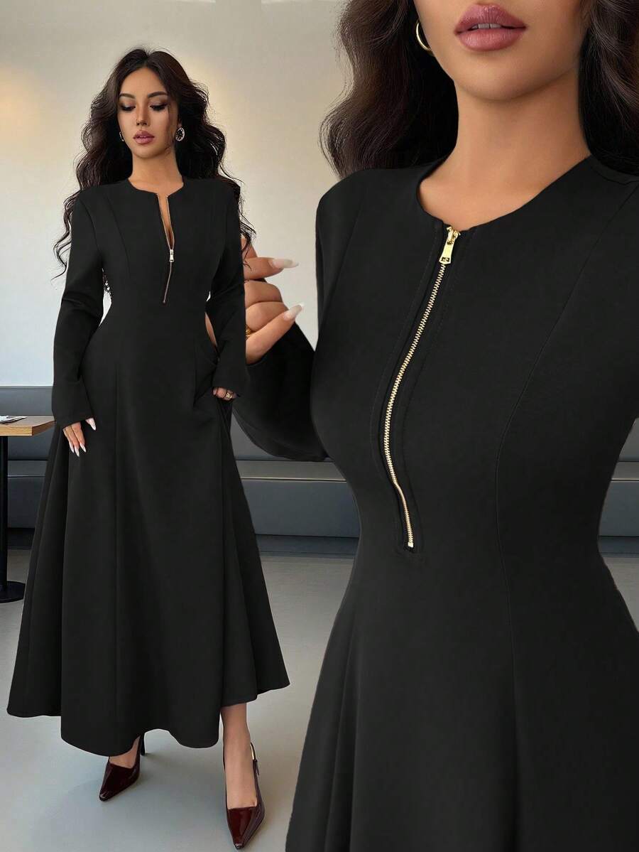 Elenzga Đầm midi dài tay xòe cổ tròn màu nâu cà phê thanh lịch dành cho nữ, thiết kế cao cấp, ôm sát eo, dáng suông, thích hợp mặc đi làm vào mùa thu - màu đen - Xem 1