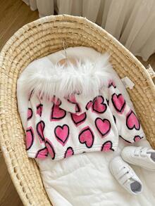 Newborn Baby Girl Cute Versatile Fuzzy Heart Pattern Hooded Jacket, Autumn/Winter Fall
