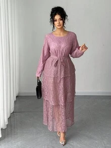 Elenzga Plus Size Women Elegant Round Neck Lace Long Sleeve Commuter Dress Fall Cloth For Women - Pink - View 5