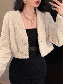 DAZY 女士秋冬蓬松夹克，厚实保暖内衬，金属纽扣装饰，宽松休闲优雅常规外套 - 米色 - 查看 5