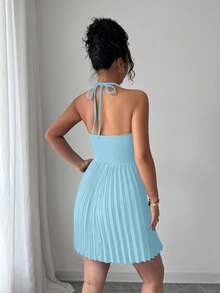 Selianne Elegant Gold Pleated Backless Halter Mini Dress - Baby Blue - View 2