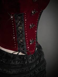 SHEIN ICON Top sexy gotic din dantelă pentru femei, potrivit pentru petrecerea de Halloween, inspirat de vampiri, culoare roșu și negru, corset burlesc gotic roșu și negru - Negru - Vizualizare 8