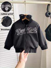 SHEIN 1pc Baby Boys Casual Black Woven Fabric White Letter Print Zip-Up Baseball Collar Long Sleeve Lightweight Jacket, Showcasing Style For Toddler Boys, Suitable For Back To School, Daily Outings And Leisure Activities Baby Boy Jacket Baby Black Jacket Baby Zip Up Jacket Baby Boy Bomber Jacket Toddler Zip Up Jacket Baby Boy Zip Up Jacket Boys Black Jacket Baby Bomber Jacket Baby Jacket Fall Winter - Black - View 3