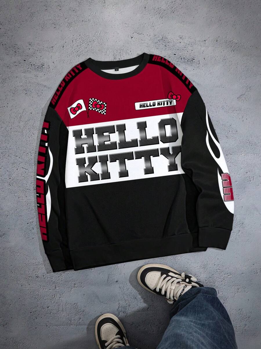 HELLO KITTY AND FRIENDS | SHEIN 男士字母图案套头圆领运动衫，秋季 - 白色 - 查看 1