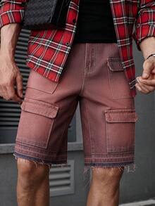 Manfinity Homme 男士时尚水洗做旧牛仔工装短裤，夏季，emo风格 - 紅色 - 查看 6