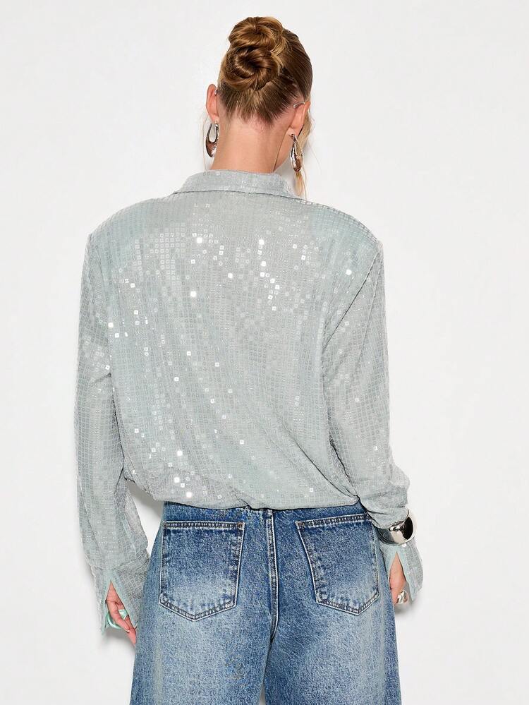 KIZN Metallic Sequin Collared Bodysuit With Plunge Neckline