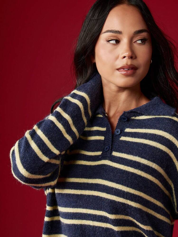 MISSGUIDED Suéter polo listrado de malha oversized