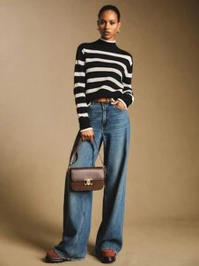 Poéselle 女式条纹立领长袖休闲毛衣，秋季 - 黑色 - 查看 5