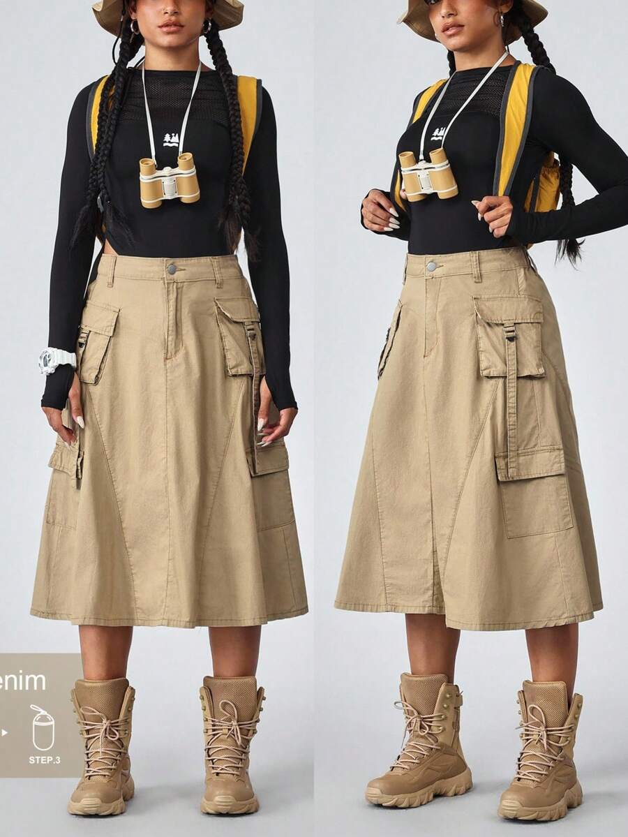 Flexra Women's Casual Outdoor Denim Cargo Skirt Outdoor  For Hiking Sun Protection Lightweight Quick Dry Hiking Outfits For Women Skirts With Pockets Cargo Skirts