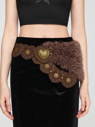 J-Fashion 1 pieza Accesorio metálico decorativo con forma de corazón marrón y peludo, decoración de estilo bohemio y occidental para vestidos, jeans y uso diario versátil