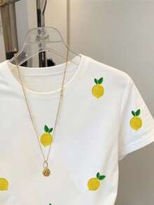 Resyla Women's Casual Lemon Embroidery Short Sleeve T-Shirt, Summer