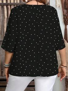 EMERY ROSE Classic Retro Black & White Polka Dot Print Casual Minimalist Plus Size Blouse, Suitable For Autumn Chic Blouse, Fall - Multicolor - View 2