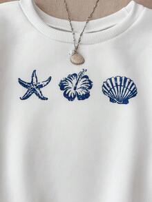 SHEIN 少女秋冬度假休闲花卉、海星和贝壳印花短款运动衫 - 白色 - 查看 8