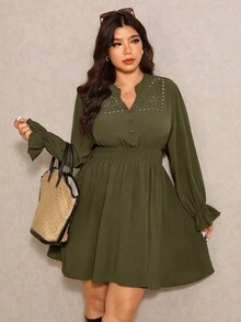 Elaquor Plus Size Women's Solid Color Hollow Shirred Long Sleeve Drawstring Waist Casual Dress