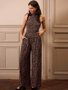 lacRébo Mono de pierna ancha sin mangas con cuello alto y estampado floral con bolsillos laterales, ropa de mujer para otoño e invierno - Multicolor - Ver 5