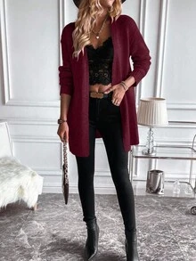 EMERY ROSE Cárdigan largo de manga larga con hombros caídos y unicolor para mujer, otoño - Burdeos - Ver 5