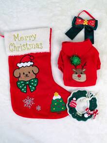 PETSIN 4pcs Pet Christmas Gift Pack, Cat And Dog Universal Clothing, Cute Autumn/Winter Embroidered Elk Pattern Hoodie, Comes With Collar Accessory Set, Red Gift Bag With Storage Function