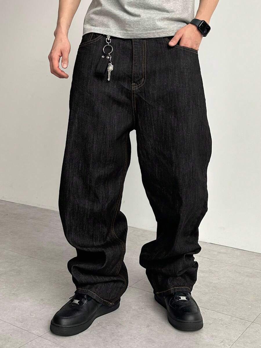 DAZY 男士宽松休闲牛仔裤，带口袋，春夏，垃圾摇滚 - 黑色 - 查看 1