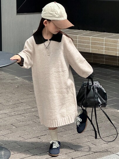 DAZY Young Girls Contrast Color Korean Style Mid-Length Sweater Dress Fall,Winter
