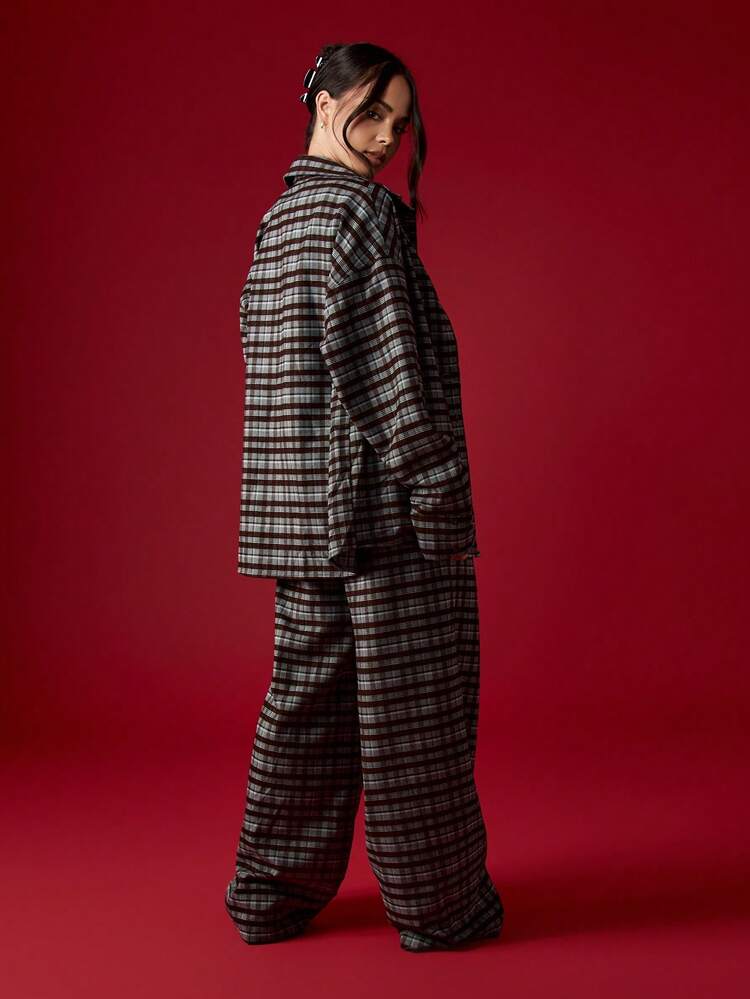 MISSGUIDED College Style Flannel Plaid Co-Ord Set Oversized Shirt With Drawstring Wide Leg Pants Fall Winter Loose Fit Two Piece Outfit With Michigan Text