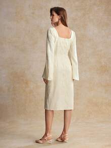 House of One Floral Jacquard Squared Neckline Slit Long Sleeves Midi Dress Women Autumn Elegant Wear