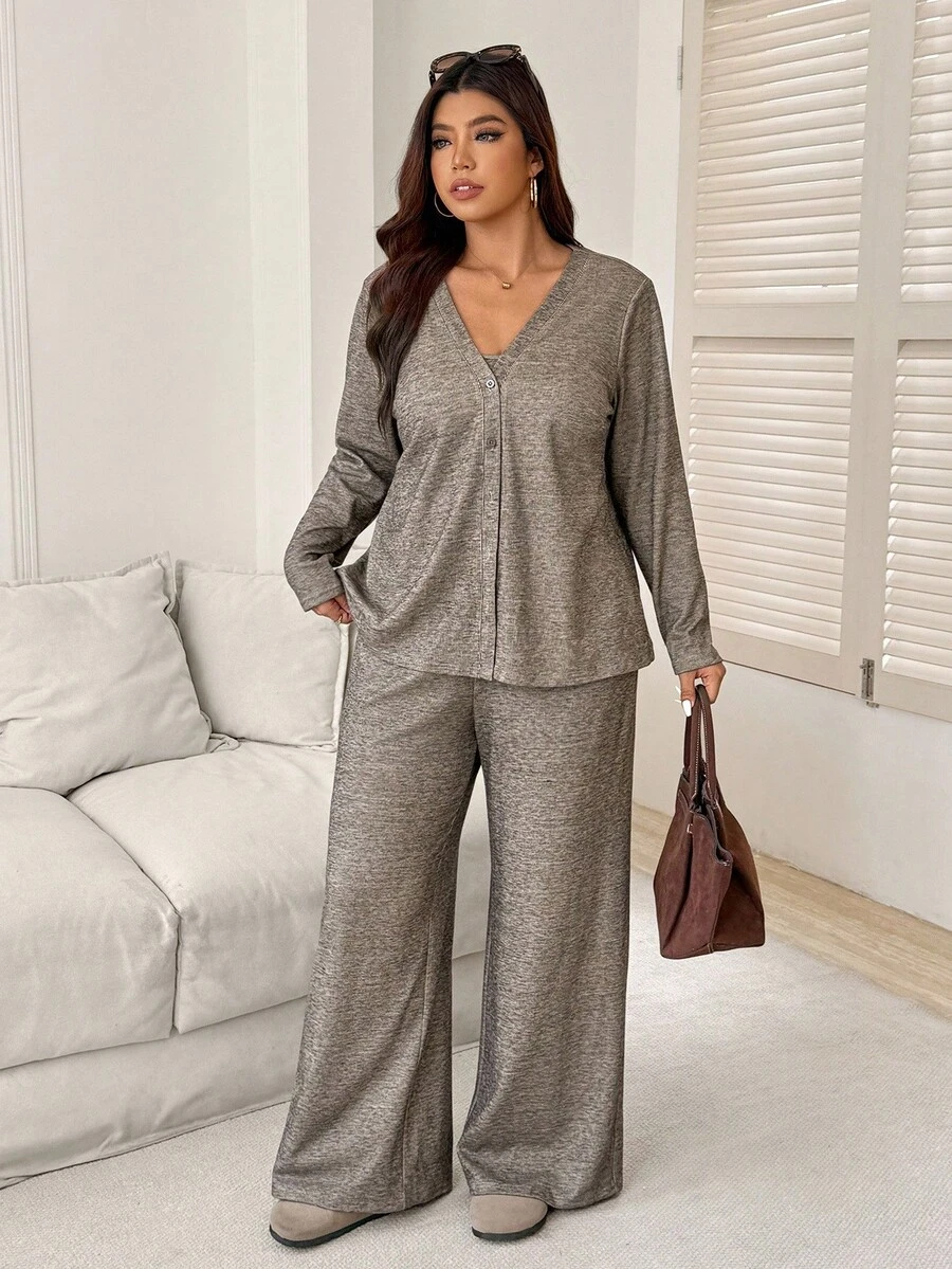 Vionelle Plus Size Women 3-Piece Set: Solid Color Long Sleeve Jacket, Camisole, And Wide Leg Pants, Knit Casual Outfit For Autumn/Winter - Brown - View 1
