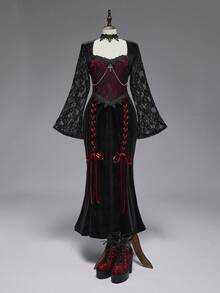 ROMWE Goth 女式复古宫廷哥特式蕾丝拼布撞色十字链装饰紧身美人鱼连衣裙 - 黑色 - 查看 7