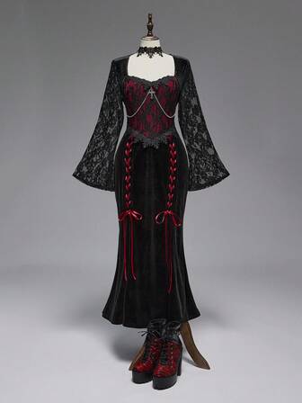 EDITION Vestido de sirena estilo gótico vintage de talla grande para mujer con encaje, patchwork, contraste de color y decoración con cadena cruzada