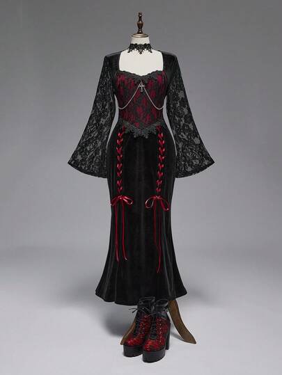 EDITION Plus Size Women's Vintage Palace Gothic Lace Patchwork Contrast Color Cross Chain Decor Bodycon Vampire Style Mermaid Dress