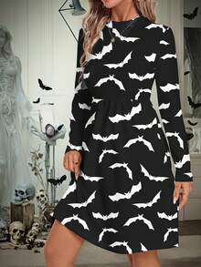 EMERY ROSE Đầm ôm body tay dài viền ô thanh lịch dành cho nữ, thích hợp cho mùa thu/đông, Halloween, họa tiết dơi - Nhiều màu - Xem 4