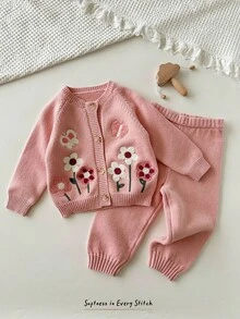 Cozy Pixies 秋冬款女婴花卉印花圆领长袖开衫和松紧腰裤两件套 - 彩色 - 查看 1