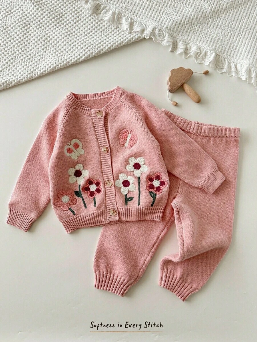 Cozy Pixies 秋冬款女婴花卉印花圆领长袖开衫和松紧腰裤两件套 - 彩色 - 查看 1